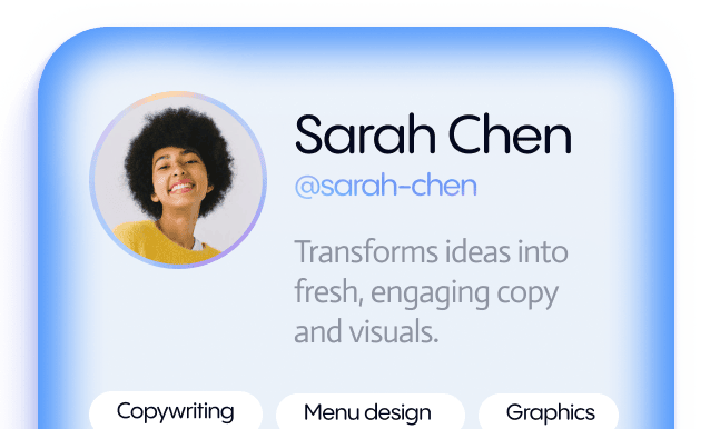 Profile card of Sarah Chen with a smiling portrait, username @sarah-chen, and description about transforming ideas into engaging copy and visuals.