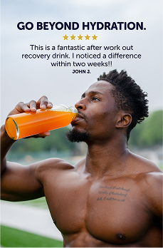 Shirtless man drinking orange recovery drink outdoors with testimonial text about hydration benefits.