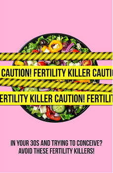 Fresh salad bowl partially covered with yellow caution tape labeled 'Fertility Killer' on a pink background with text warning about fertility killers for people in their 30s trying to conceive.