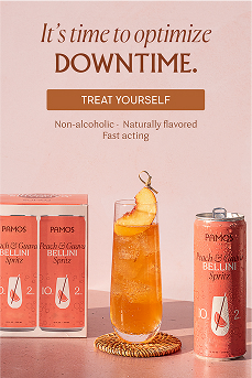 Three cans of PAMOS Peach & Guava Bellini Spritz next to a glass of iced cocktail garnished with peach slices, with text promoting natural, non-alcoholic, fast-acting drink to optimize downtime.