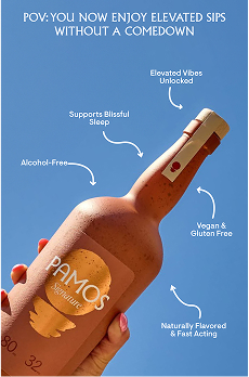 Hand holding a PAMOS Signature bottle against a clear blue sky, with text highlighting its alcohol-free, vegan, gluten-free, naturally flavored, fast-acting benefits and support for blissful sleep.