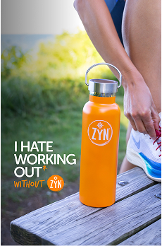 Person tying shoelaces beside an orange ZYN water bottle on a wooden bench with text saying 'I hate working out without ZYN'.