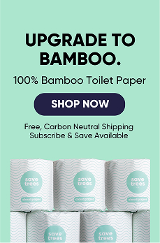 Advertisement for 100% bamboo toilet paper with a green background, featuring the text 'Upgrade to Bamboo' and 'Shop Now' button, and images of toilet paper rolls labeled 'save trees.'