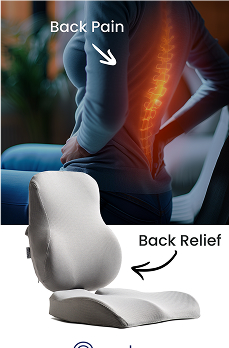 Person holding lower back showing pain with highlighted spine above a gray ergonomic back support cushion labeled for back relief.