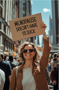 Smiling woman wearing sunglasses holds a sign reading 'Menopause doesn't have to suck' in a city crowd.
