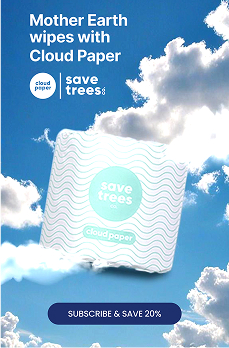 Cloud Paper package against blue sky with clouds, promoting eco-friendly toilet paper with text: Mother Earth wipes with Cloud Paper, save trees.