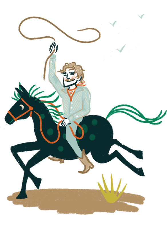 Illustration of a cowboy riding a galloping black horse, waving a lasso in the air with birds flying in the background.