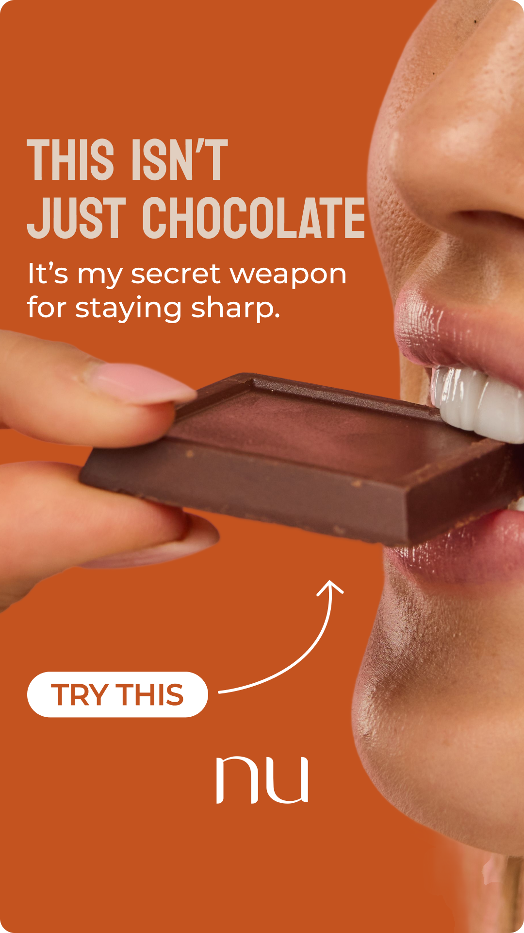 Close-up of a person biting into a dark chocolate square held by fingers on an orange background with text describing it as a secret weapon for staying sharp.