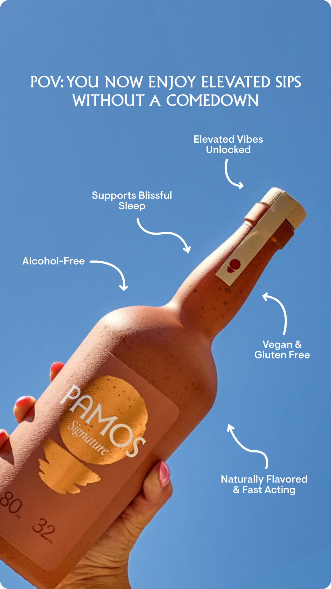 Woman holding a glass of creamy protein shake, making an OK hand gesture with text describing protein powder benefits including 25g protein, 10g collagen, 10+ flavors, organic ingredients, and whey or plant-based options.