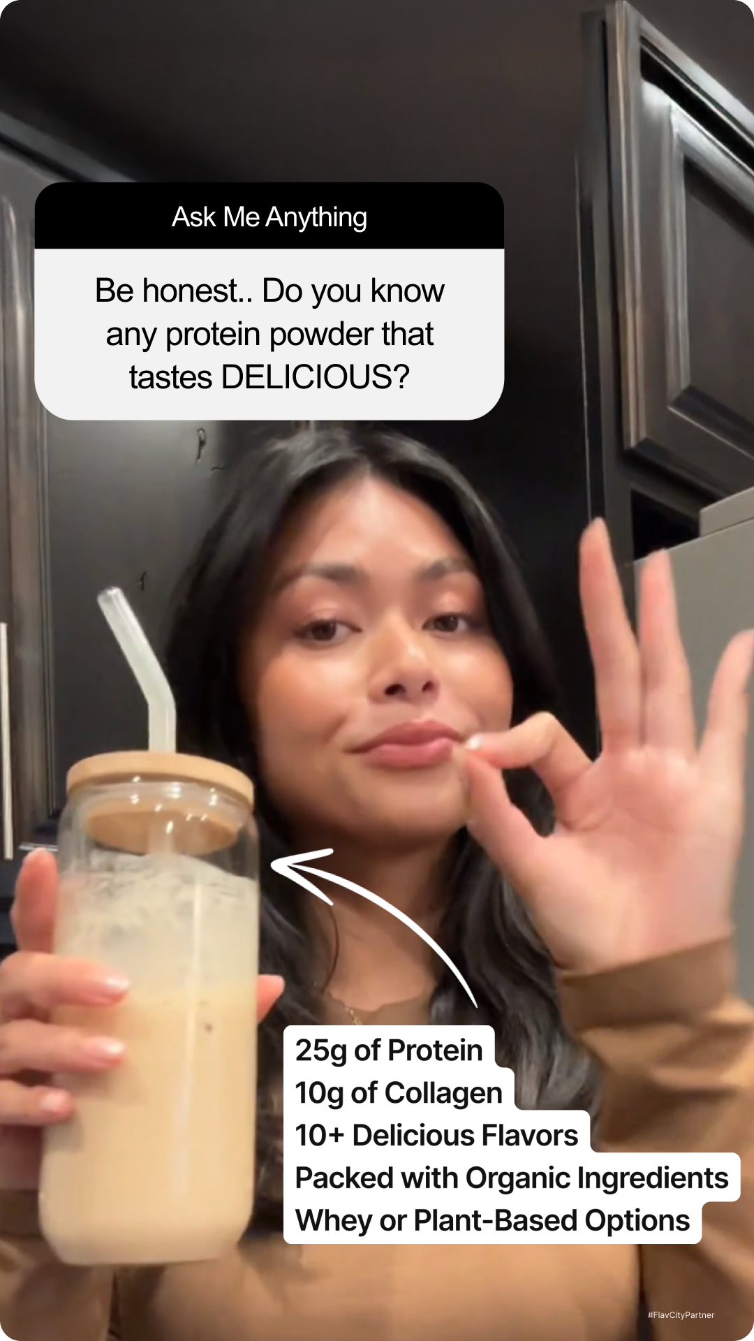 Hand holding a PAMOS Signature bottle against a blue sky, highlighting features: alcohol-free, supports blissful sleep, elevated vibes unlocked, vegan and gluten free, naturally flavored and fast acting.