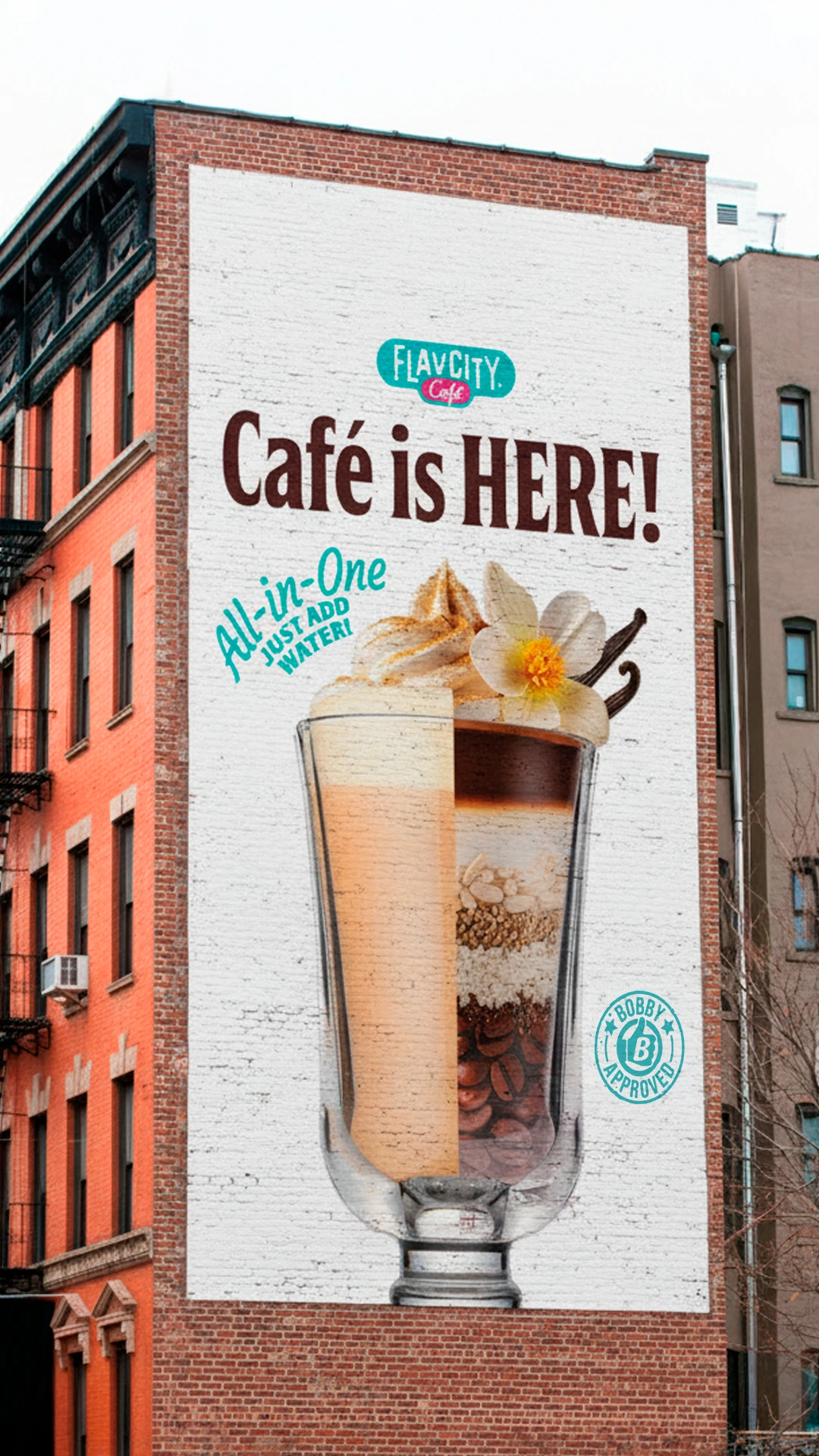 Brick building wall mural advertising FlavCity Café with a glass showing latte and coffee ingredients with whipped cream and vanilla flower, stating Café is HERE! All-in-One Just Add Water!