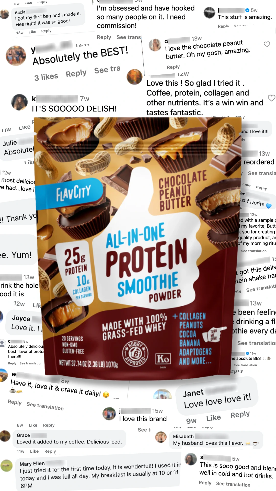 Bag of FlavCity All-In-One Chocolate Peanut Butter Protein Smoothie Powder with 25g protein, 10g collagen per serving, made with 100% grass-fed whey, surrounded by positive customer review snippets.
