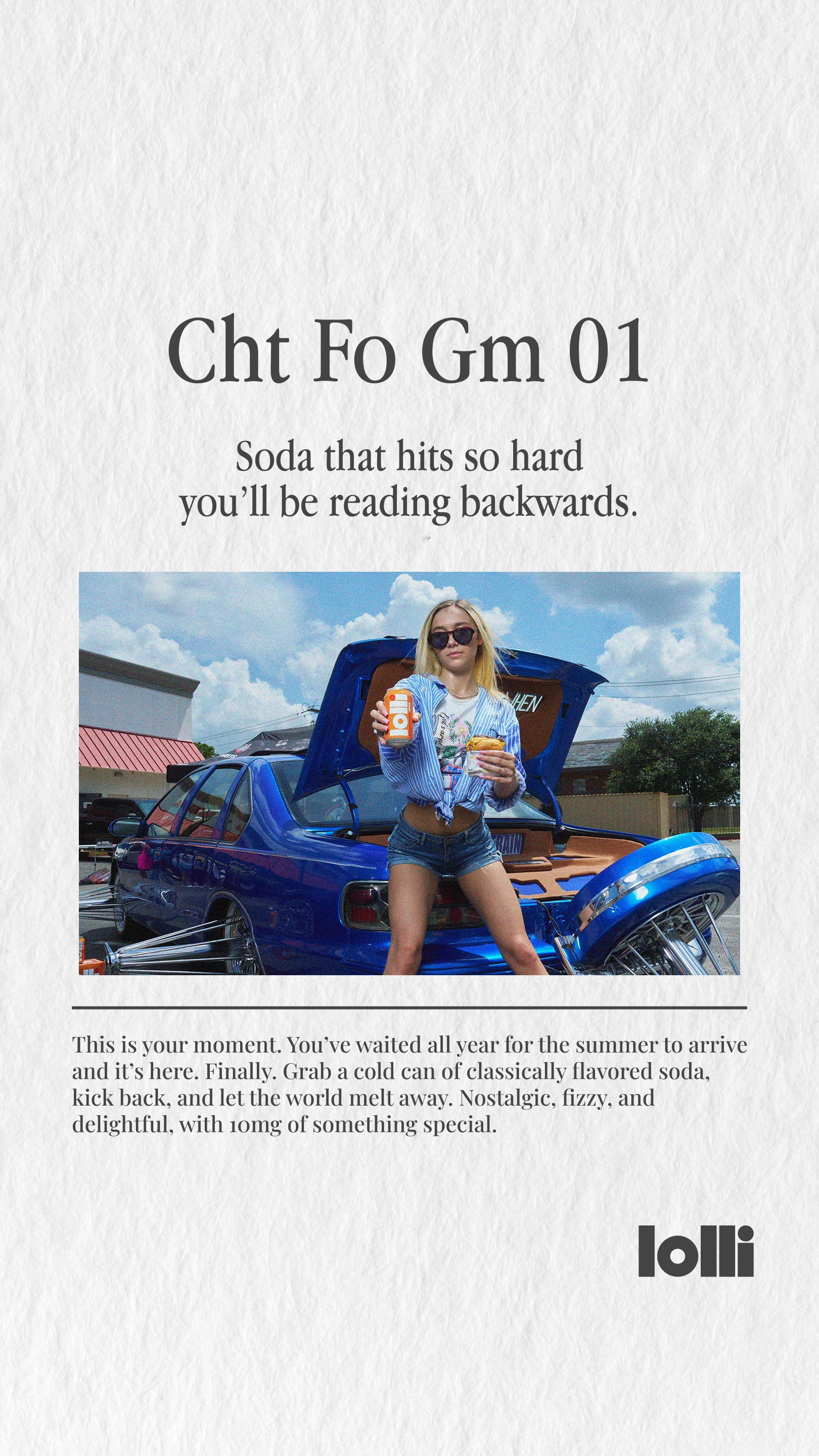 A young woman in sunglasses and shorts holds a can of Lolli soda and a sandwich while sitting on the trunk of a blue car with its lid open.