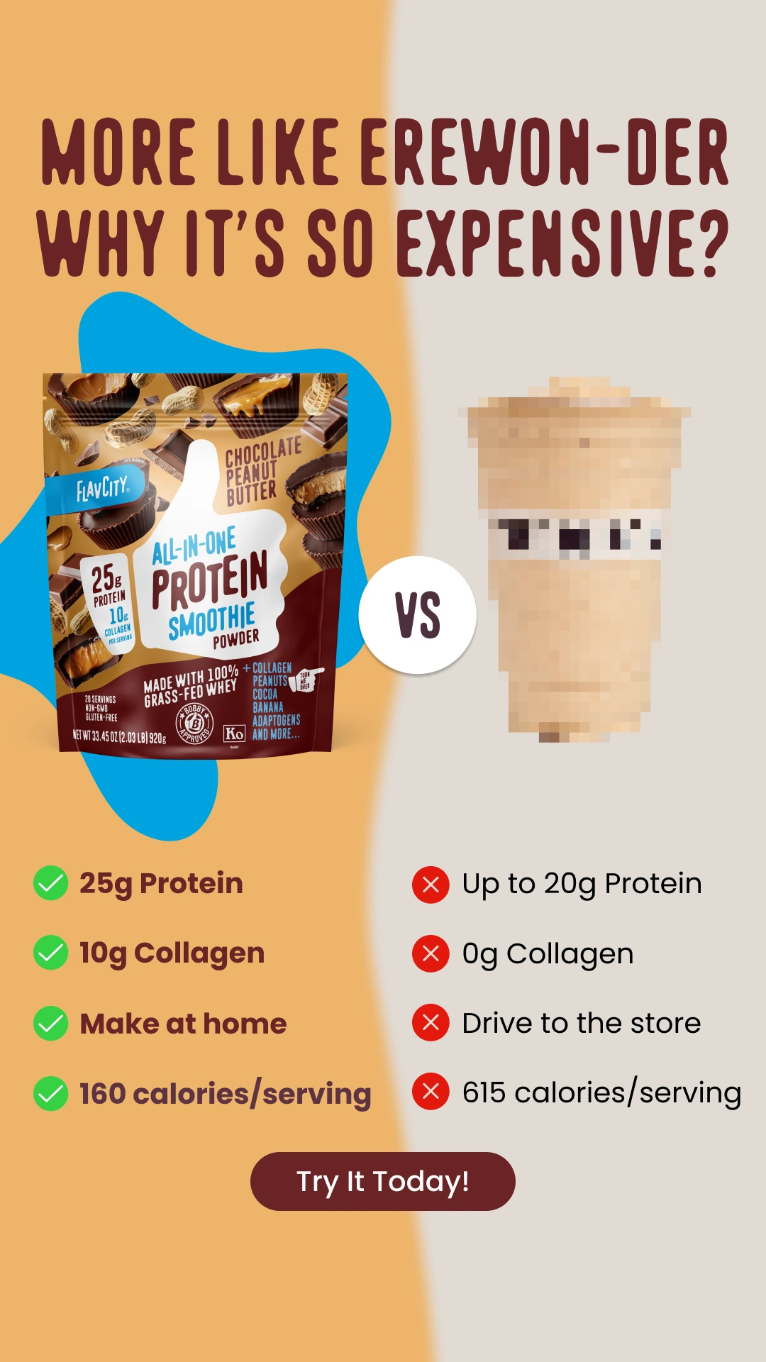 FlavCity Coconut Orange essential drink mix next to a glass of orange drink with coconut slices and orange wedge on an orange background with health benefits listed.