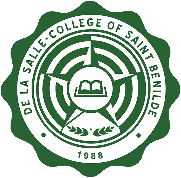 Green circular seal of De La Salle-College of Saint Benilde featuring a five-point star, an open book at the center, laurel branches below, and the year 1988.