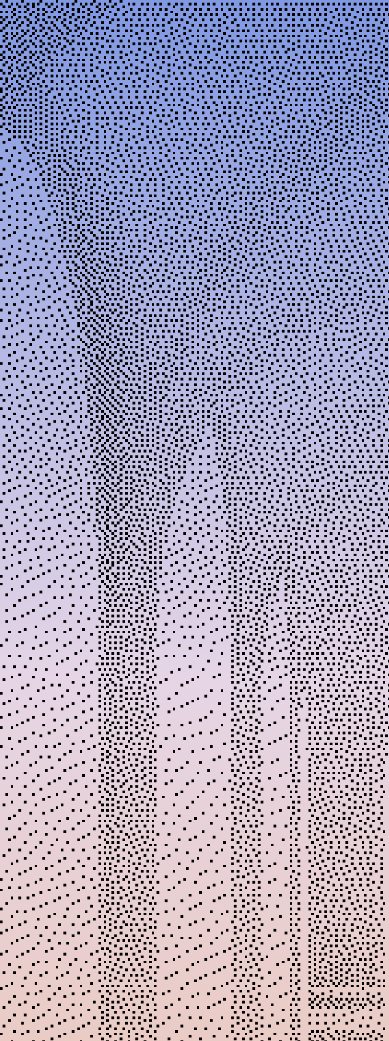 Pixelated image resembling the Twin Towers against a gradient sky transitioning from blue to orange.