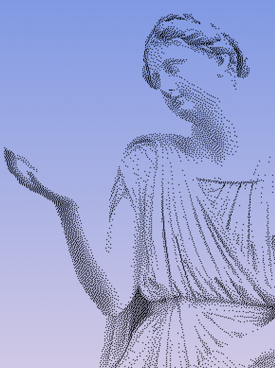 Dotted pointillism illustration of a classical statue of a woman in a draped dress, holding her hand out against a blue to pink gradient background.