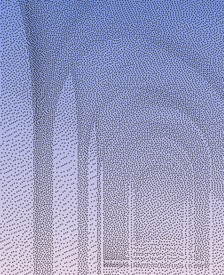 Abstract digital artwork of concentric square outlines made of black dots on a textured purple background.