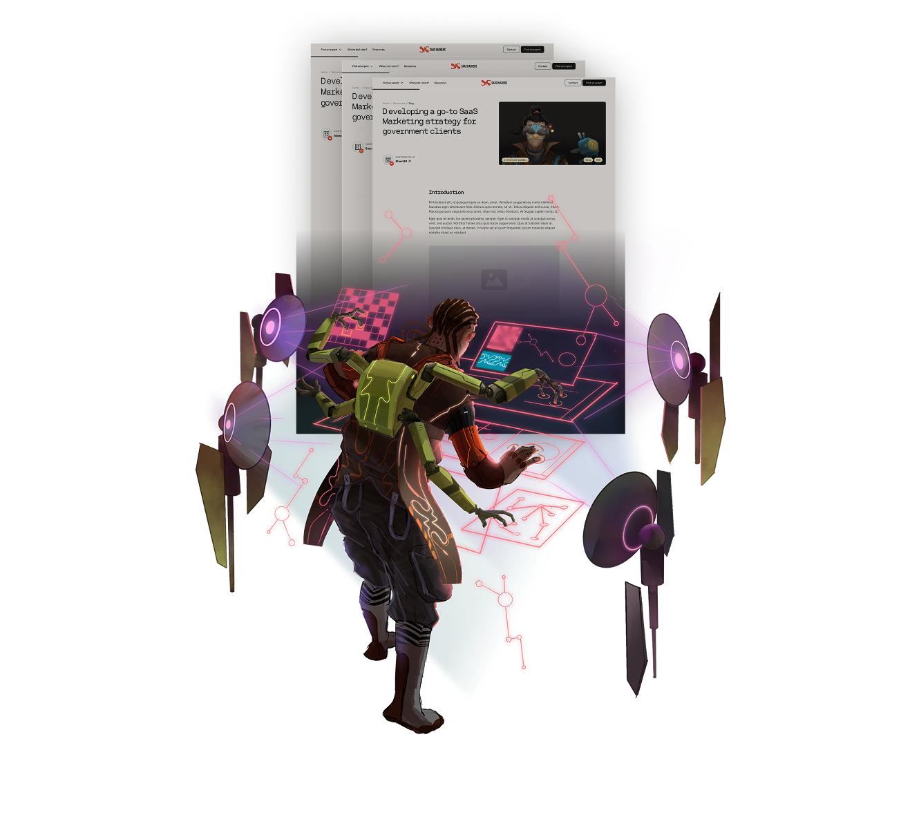 SaaS Hacker character writing articles