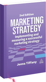Book cover titled 'Marketing Strategy 2nd Edition' by Jenna Tiffany, with the subtitle 'Implementing and measuring a successful marketing strategy,' on a purple background with a checkered pattern and a pink bookmark ribbon.