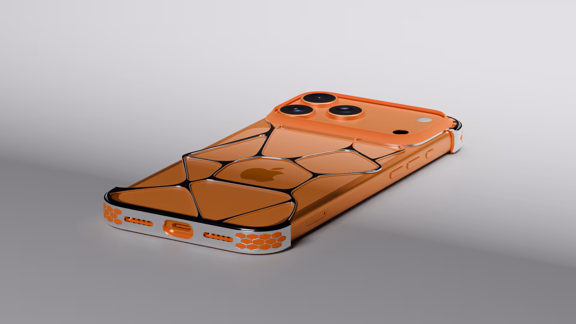 Cosmic Orange iPhone with Liquid Metal case on a gray surface.