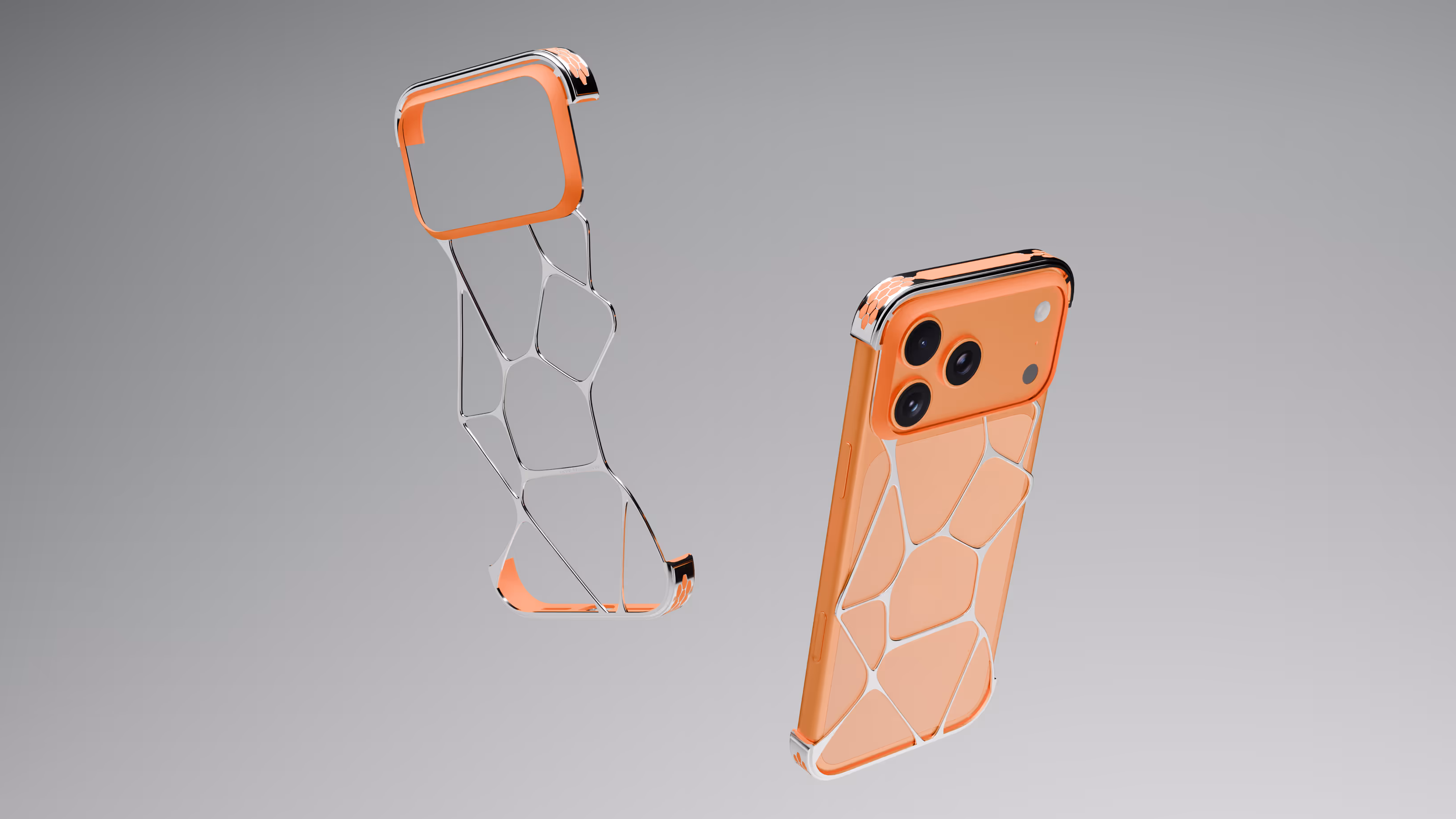 iPhone 17 Pro Max With Liquid Metals Case "Cosmic Orange" Floating in the air with silver background