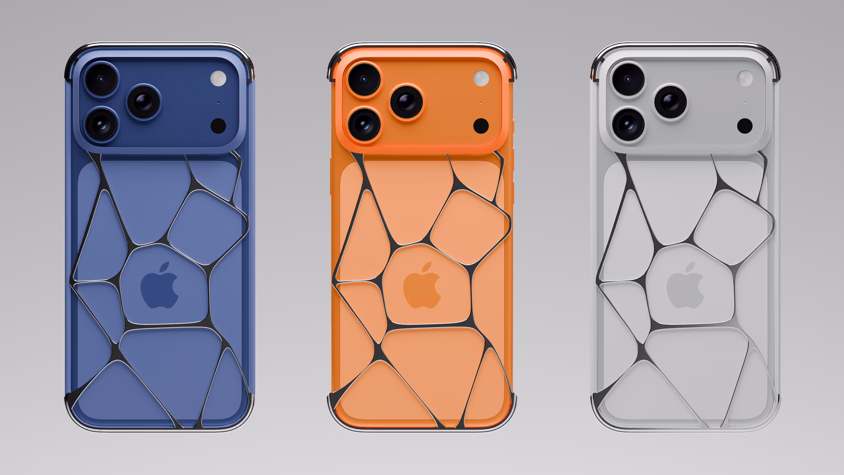 Three Style iPhone 17 Pro Max in Liquid Metals Case with the same color model floating in silver background