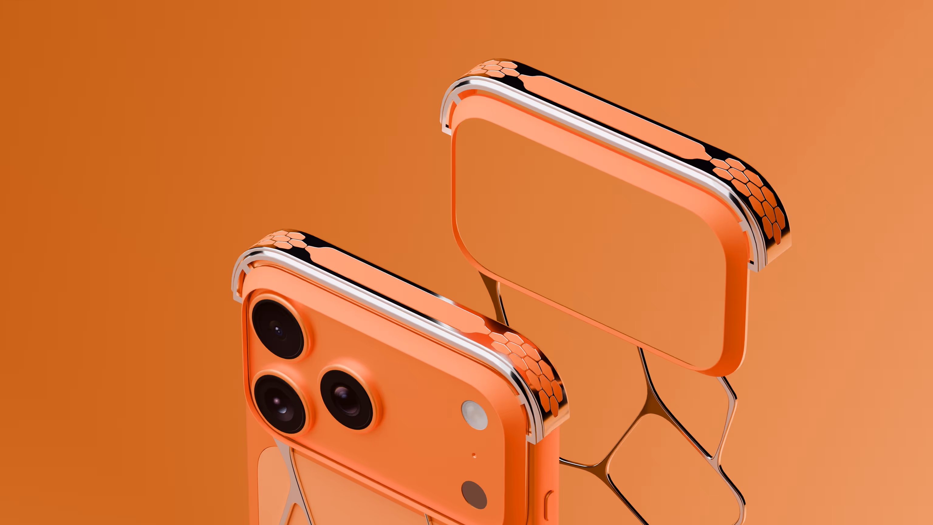 Close-up of a Liquid Metals Case "Cosmic Orange" on iPhone 17 Pro Max against an orange background.