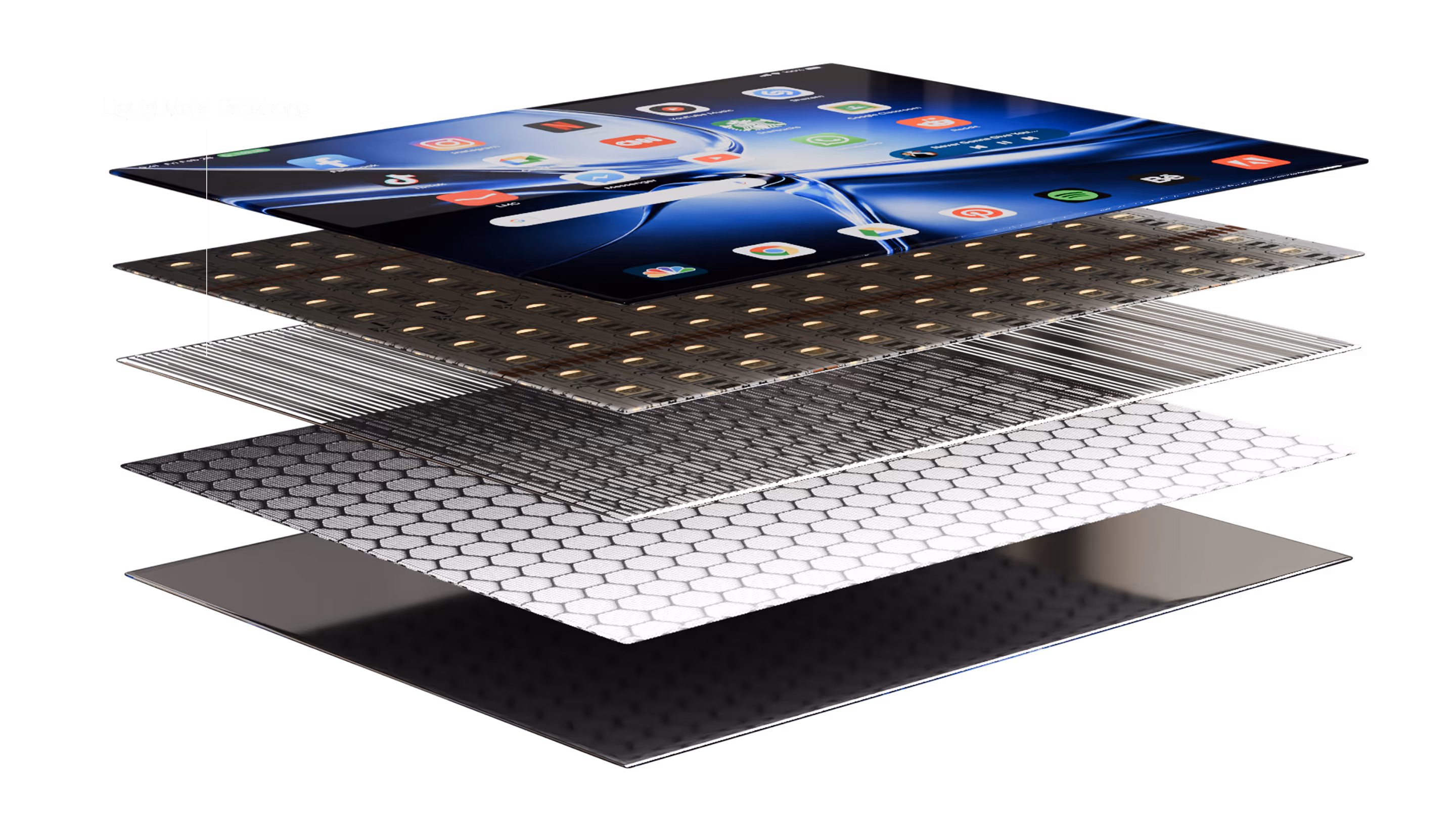 Exploded view of a Adaptive Display showing layered components including a Liquid Metal Backbone under the top screen layer.
