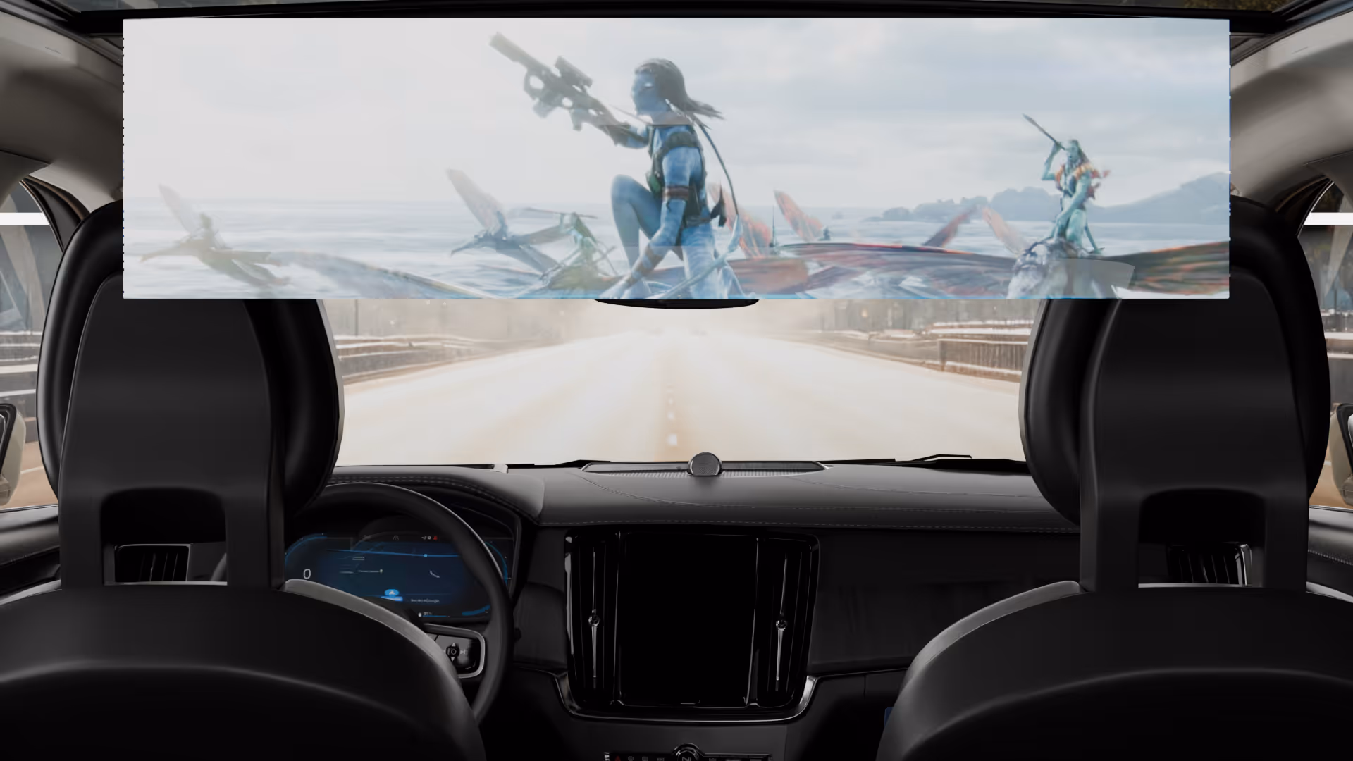 Car interior showing black front seats and a large fully extend rollable screen displaying a scene from the movie Avatar.