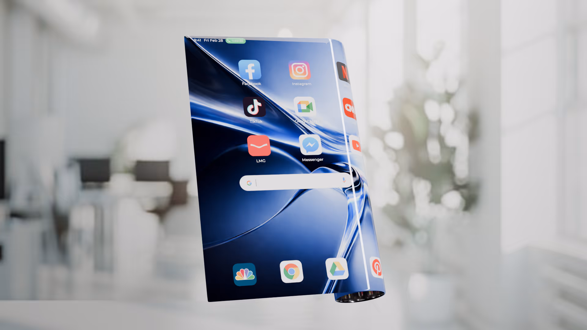 Concept smartphone with a half-extend rollable screen displaying the icon app.