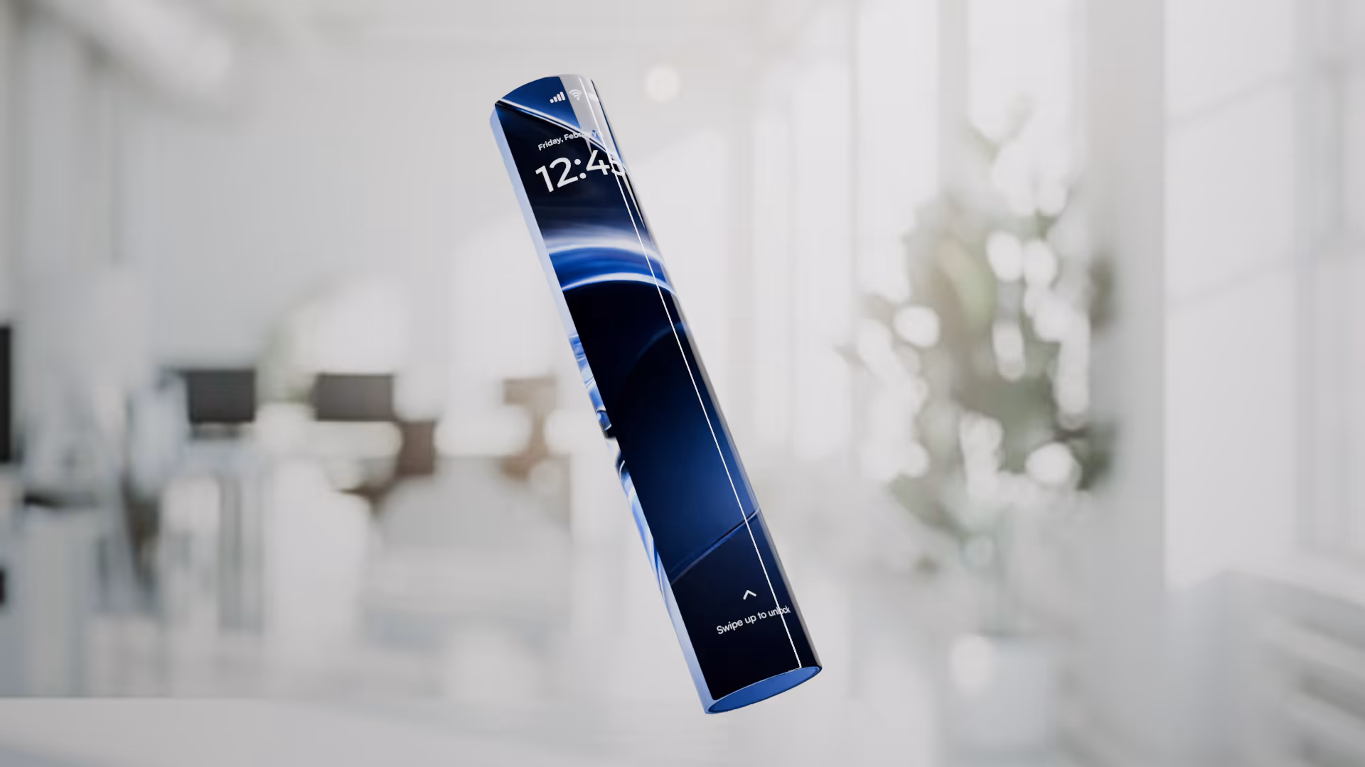 Concept smartphone with a rollable screen displaying the time and swipe-up unlock prompt.