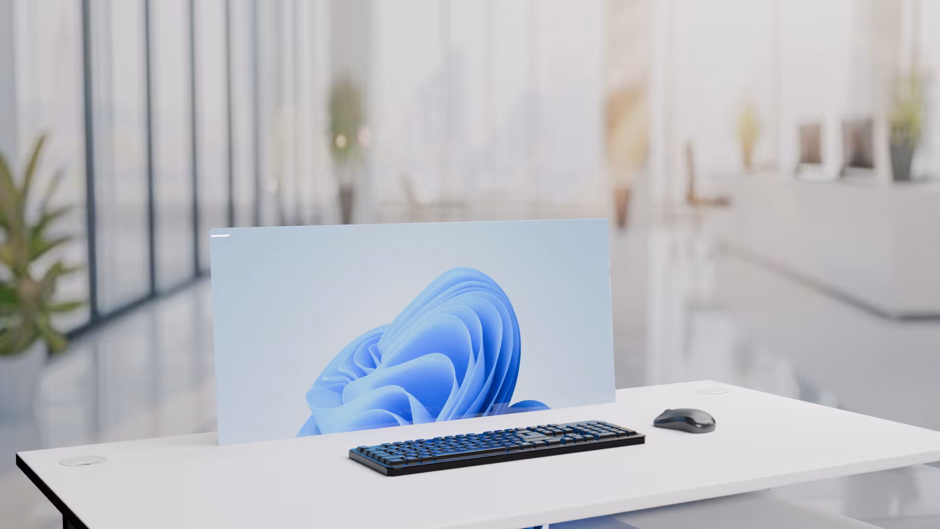 Black wireless keyboard and mouse on a white office desk with Half-extend Rollable screen in the office desk in a bright modern workspace.