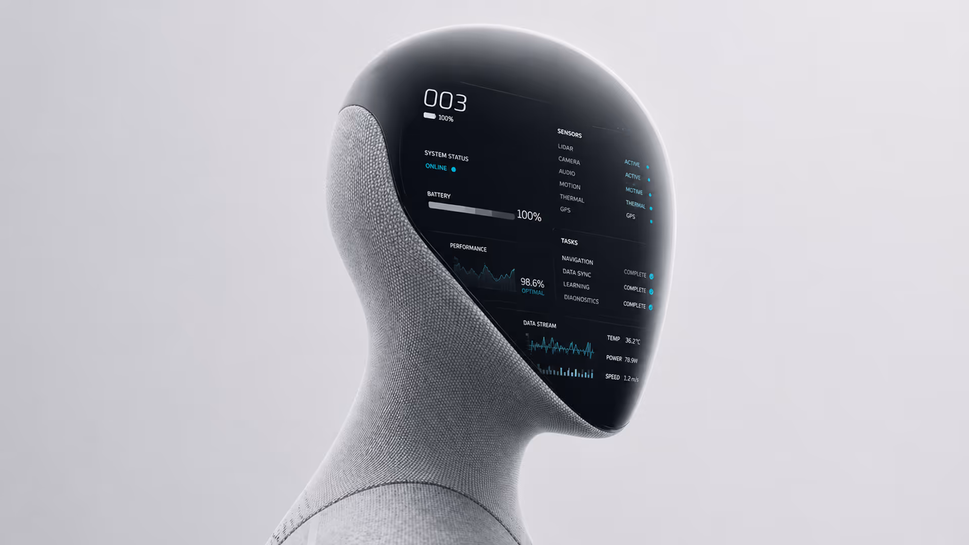 Futuristic robot head with a digital interface using liquid metal displaying system status, sensor activity, tasks, and performance metrics.