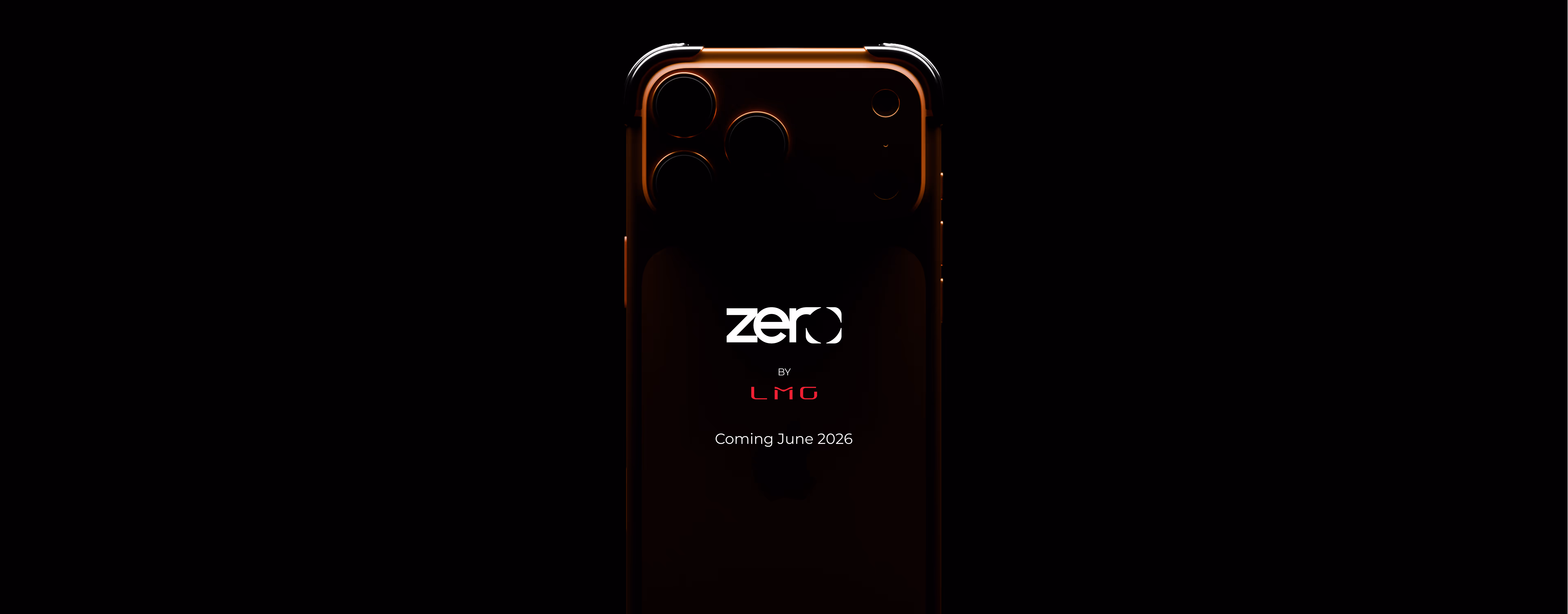 Rear view of a dark smartphone with Liquid Metals Case in the shadow and text 'zero by LMG Coming June 2026' on screen.