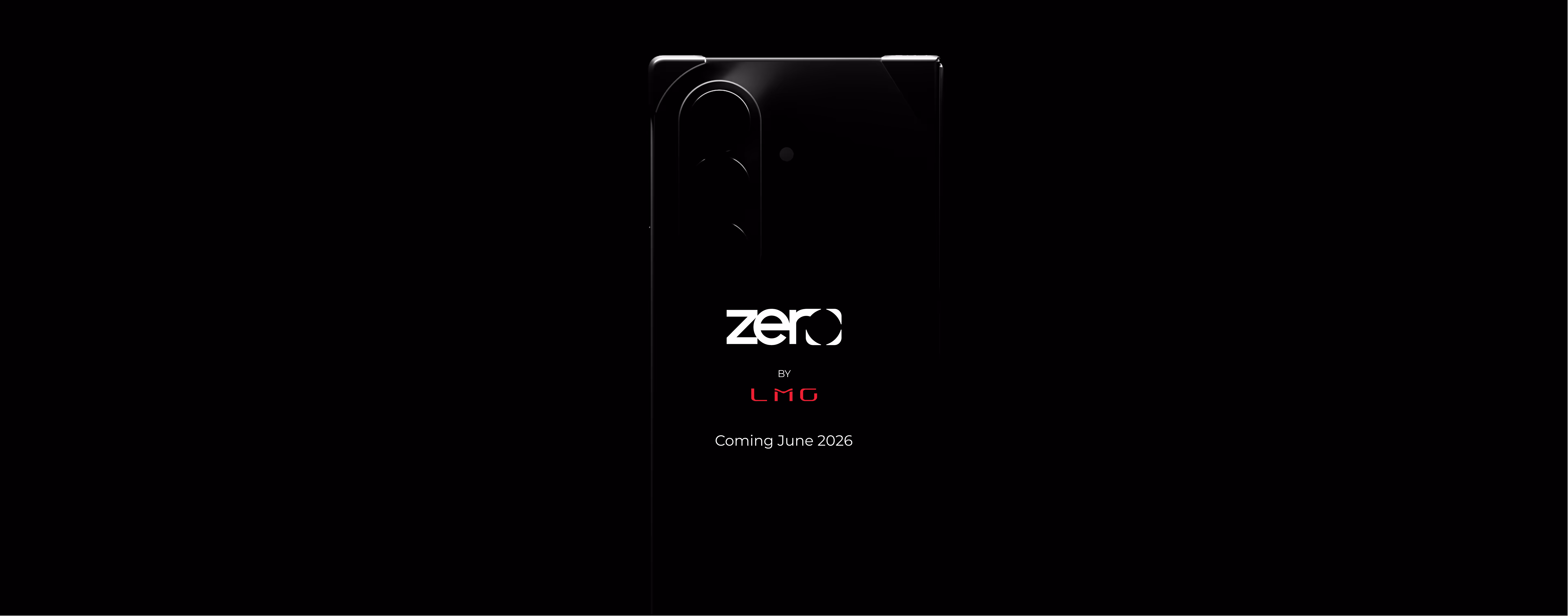 Rear view of a dark smartphone with Liquid Metals Case in the shadow and text 'zero by LMG Coming June 2026' on screen.
