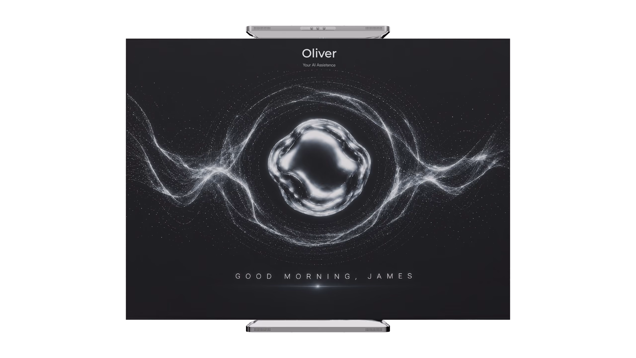 Tri-Fold Phone With AI Assistance Name Oliver with text saying "Good Morning James"