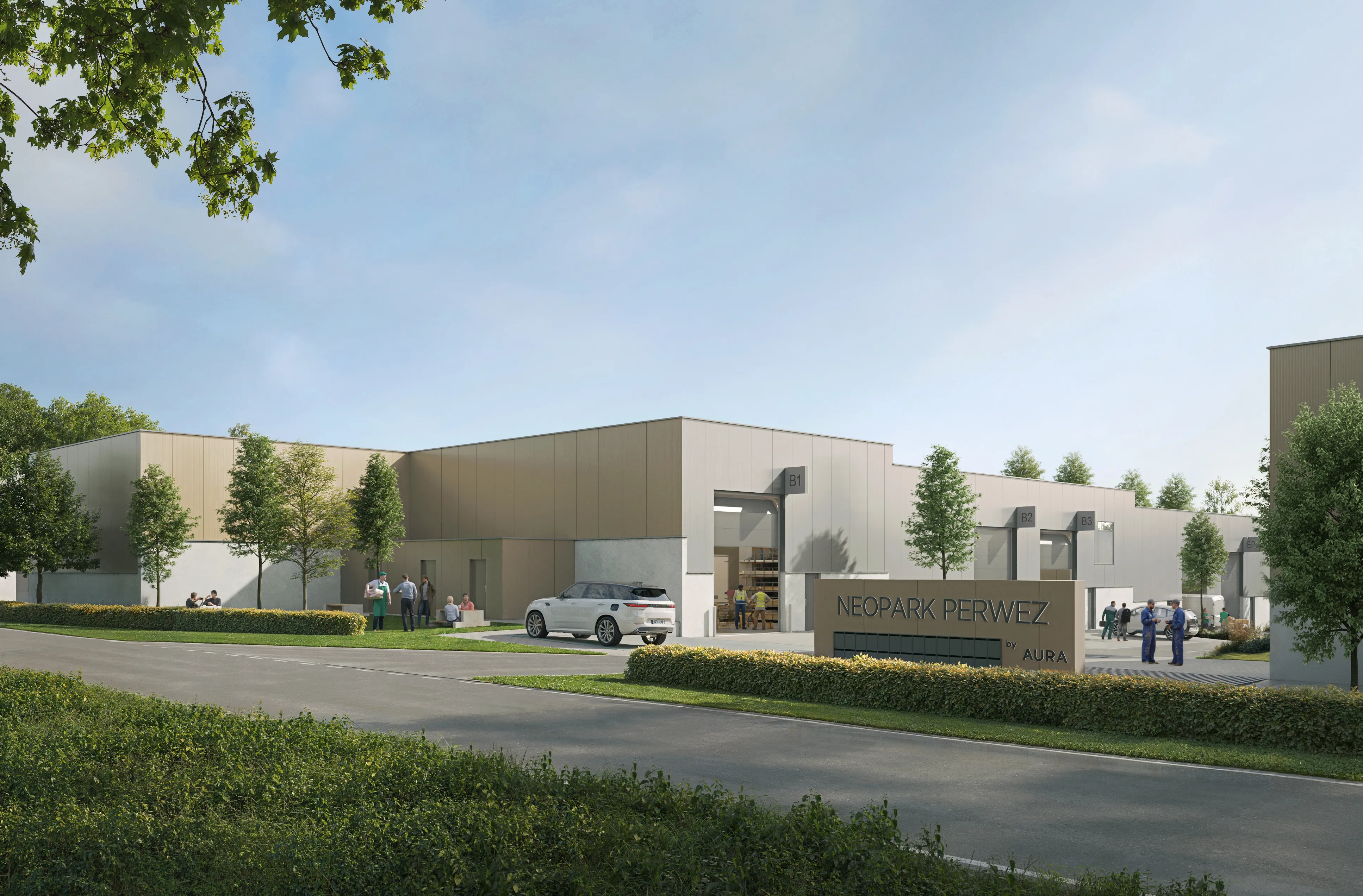 Simulation de l'entrée et de l'accès principal du futur NeoPark Perwez 