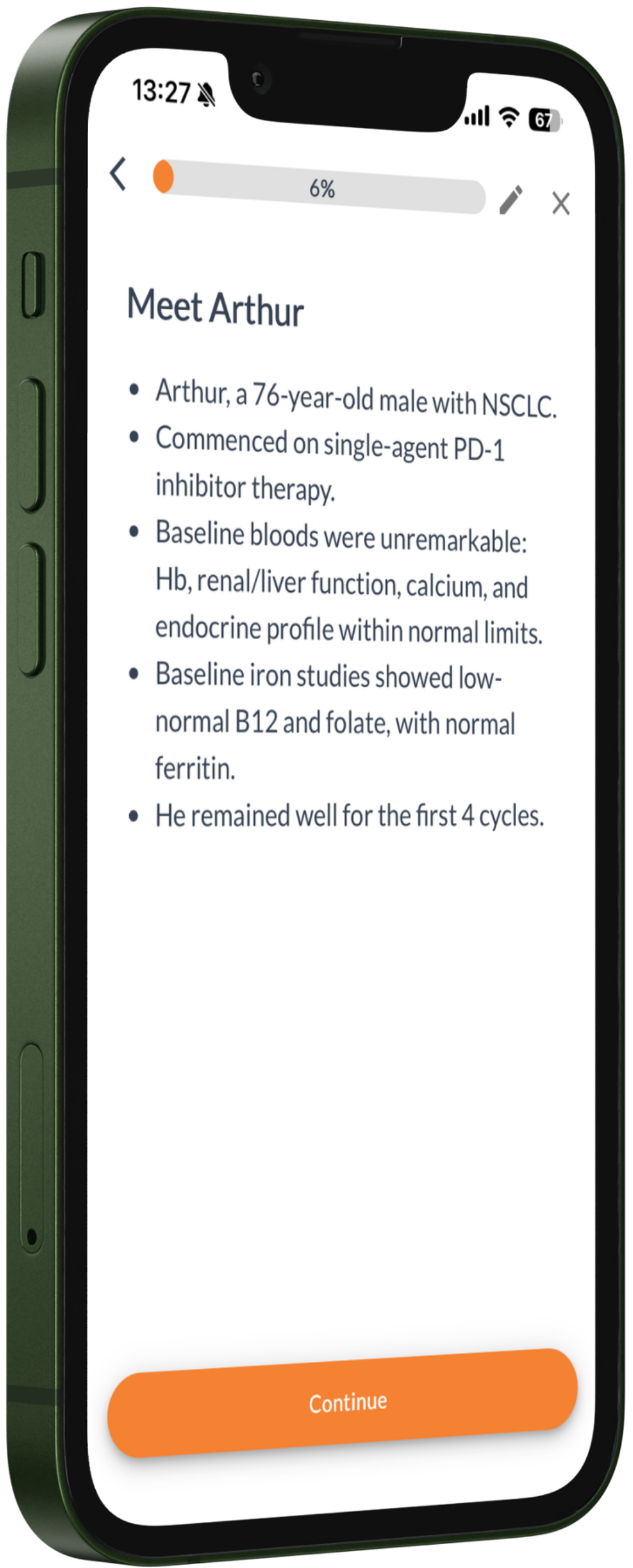Praktiki Smartphone screen showing medical notes on Arthur, a 76-year-old male with NSCLC on PD-1 therapy.
