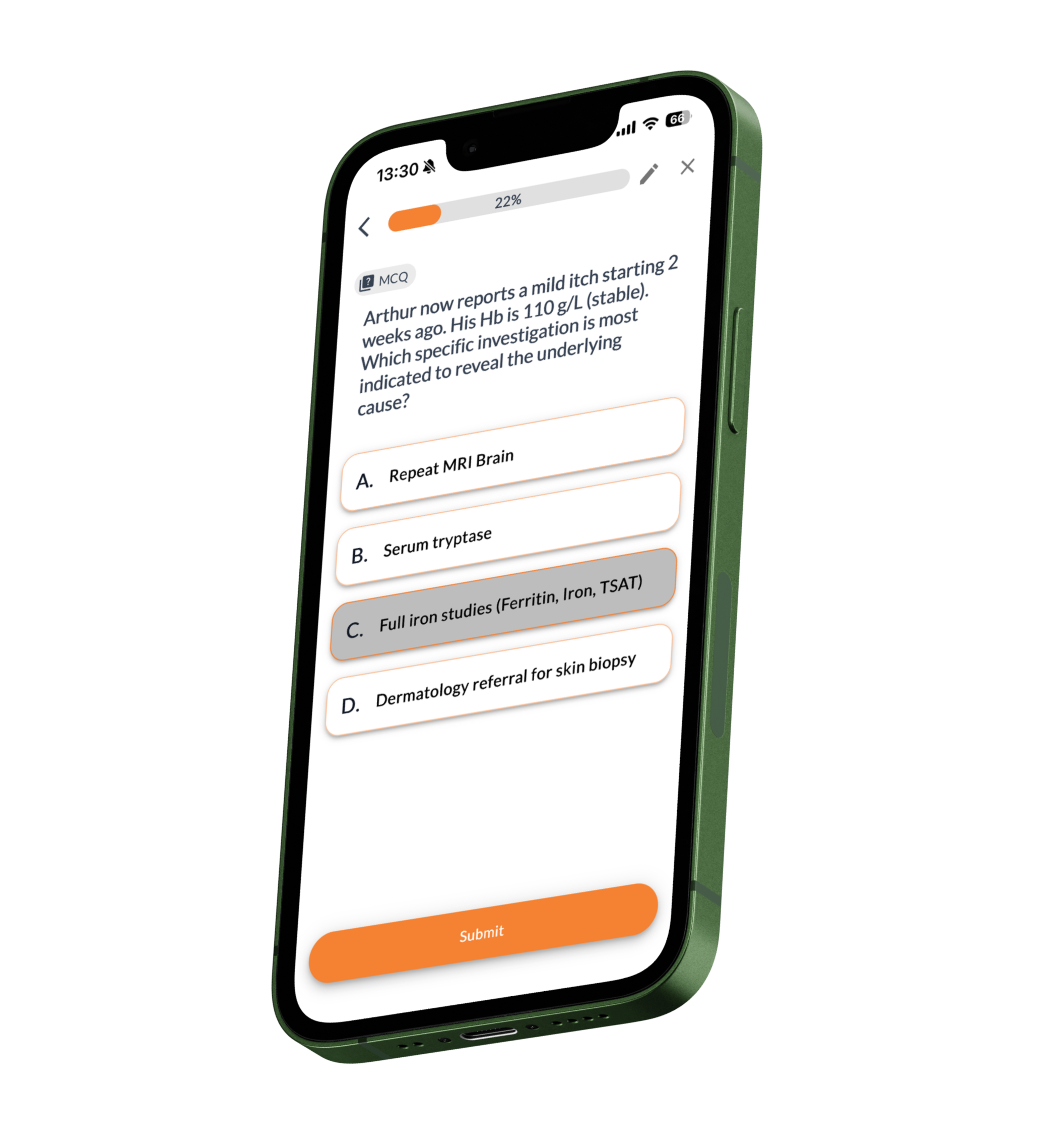 Praktiki Smartphone screen showing medical quiz question about a mild itch and iron studies as answer choice.