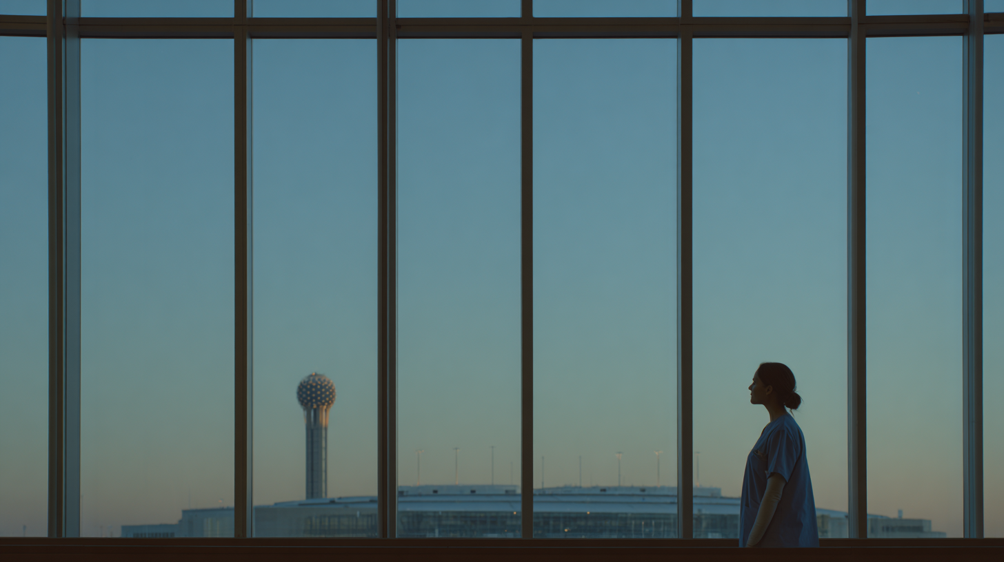 Silhouette of a person in medical scrubs standing by a large window showing an evening cityscape with a distinctive spherical tower.