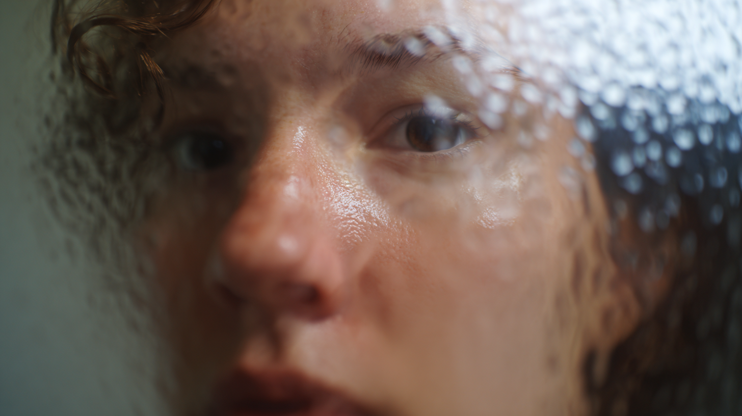 Close-up of a person's face seen behind textured, frosted glass with water droplets.