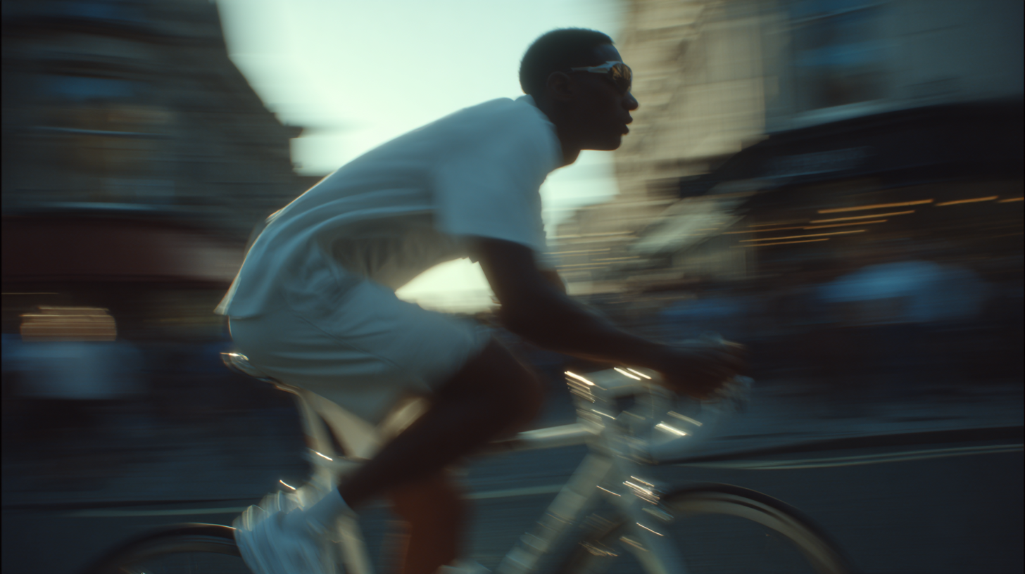 Young man wearing sunglasses riding a white bicycle quickly in an urban setting during daylight.