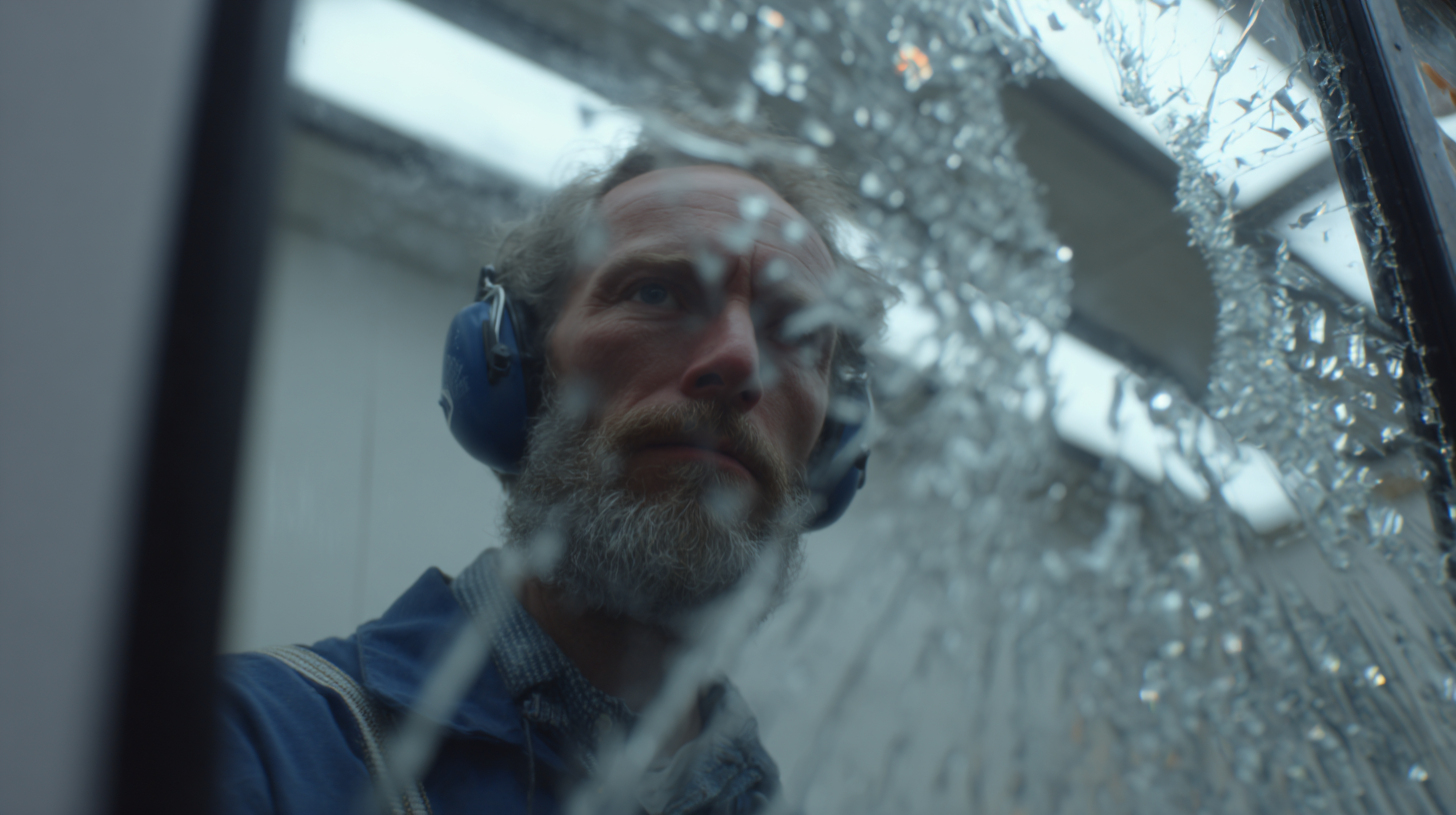 Man with a beard wearing blue ear protection standing behind shattered glass.