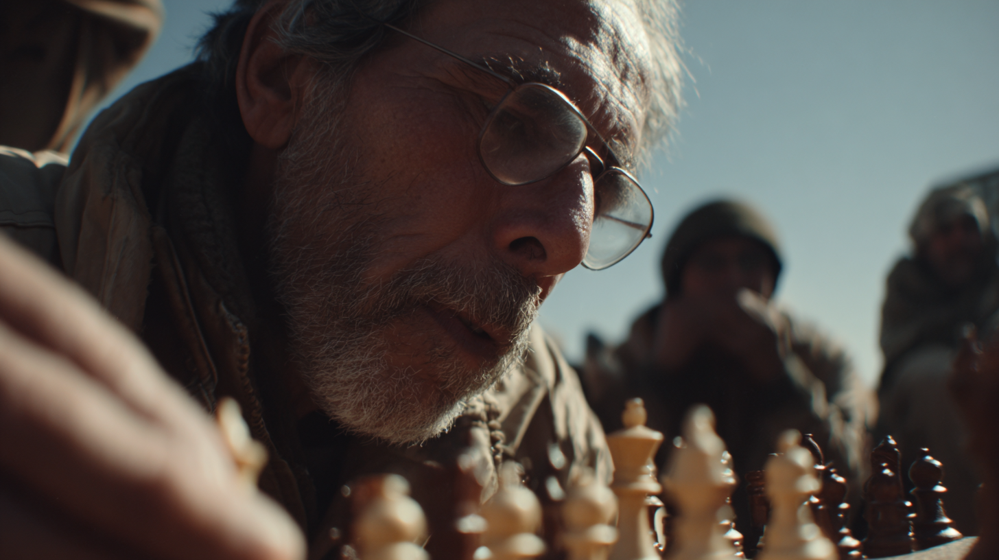 Older man with glasses and gray beard concentrating on a chess game outdoors.
