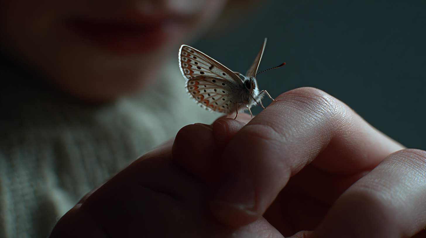 Close-up of a butterfly with patterned wings perched on a person's fingers.