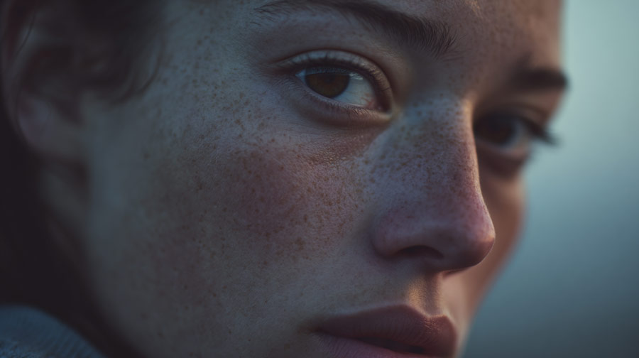 Close-up of a person's face with freckles, looking slightly to the side.
