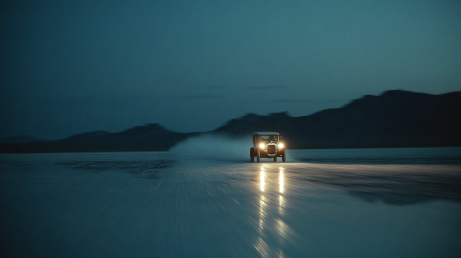 Vintage car driving on a wet, reflective surface at dusk with mountains in the background.