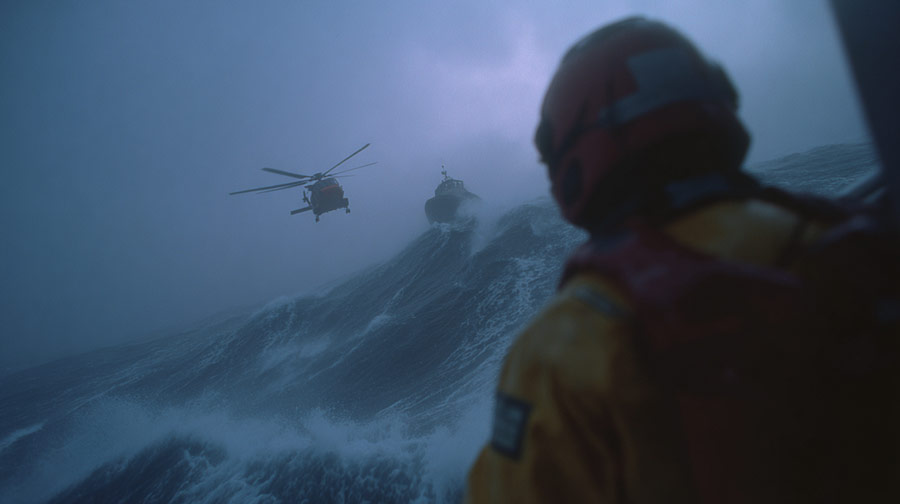 Rescue worker in helmet and yellow suit watches a helicopter and boat navigating through rough ocean waves in foggy conditions.