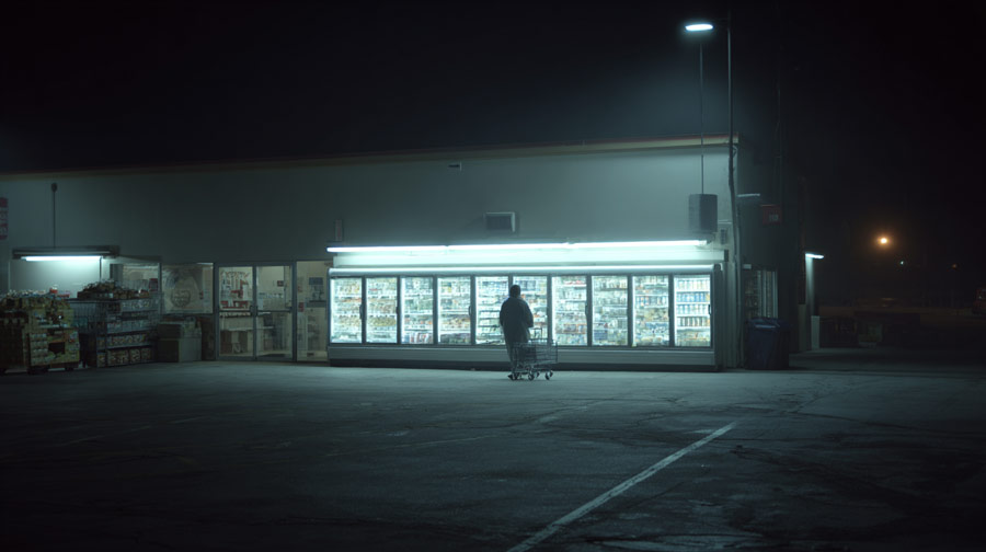Person pushing an empty shopping cart in front of a brightly lit convenience store refrigerator at night.